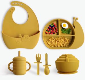 tumtots - premium quality silicone baby feeding set & baby led weaning supplies attractive self feeding design with strong suction plate & suction bowl, stylish bib, sippy cup, spoon & fork utensils