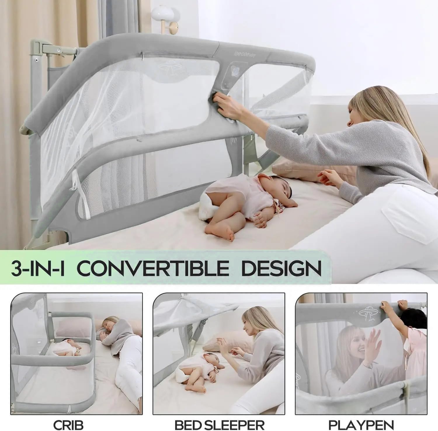 PANBAYI Bedside Crib - 3 in 1 Baby Bassinet, Portable Crib and Bed Rail for Co-Sleeping Babies. Bed Side Lifting Fence with Adjustable Height，Easy to Assemble,Bed Rail for Toddlers