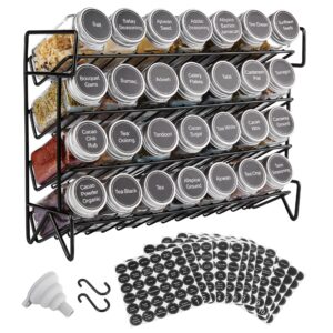 vtopmart 4-tier spice rack organizer with 28 empty glass jars and 432 labels, rust resistant metal, black, countertop, cabinet, kitchen and pantry