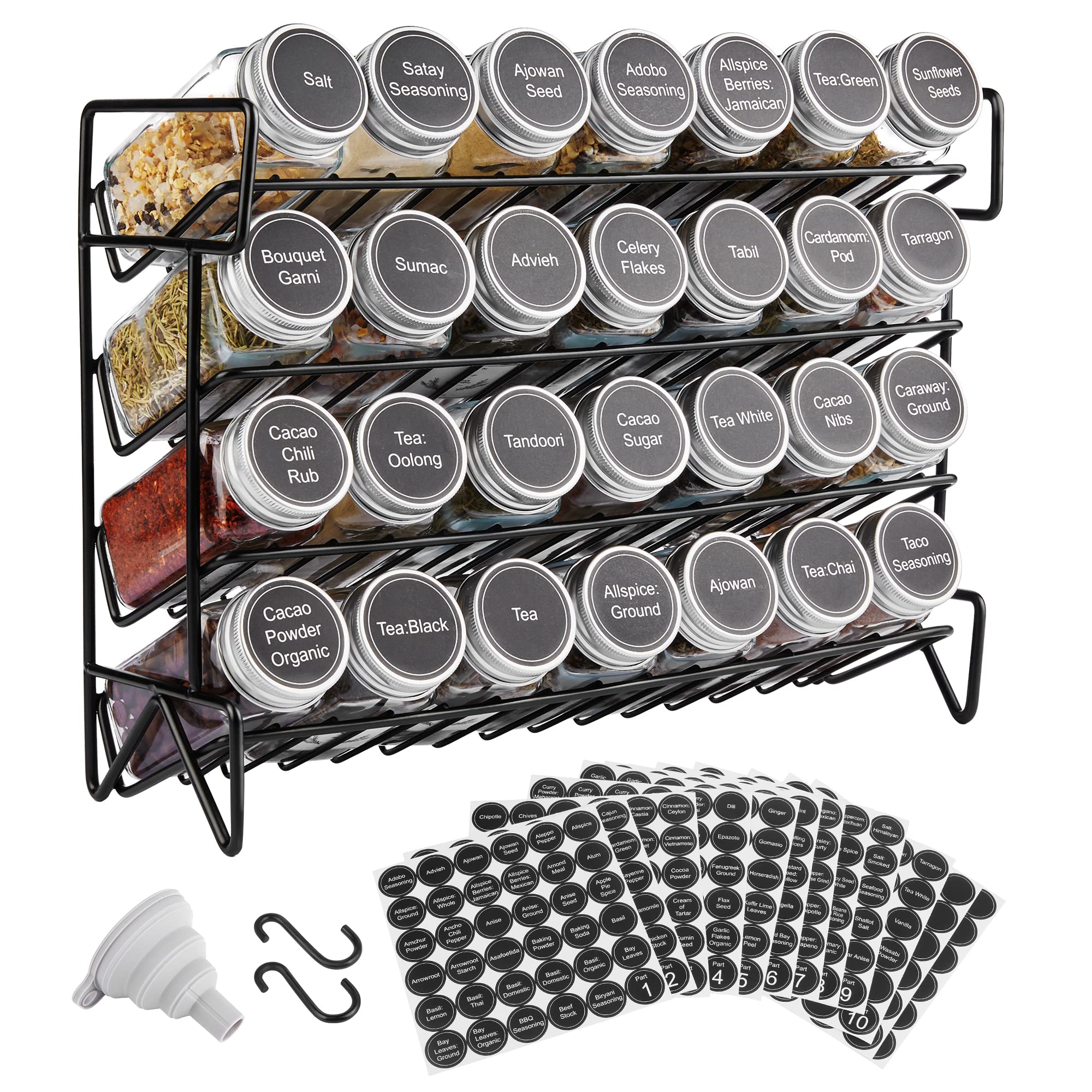 Vtopmart 4-Tier Spice Rack Organizer with 28 Empty Glass Jars and 432 Labels, Rust Resistant Metal, Black, Countertop, Cabinet, Kitchen and Pantry