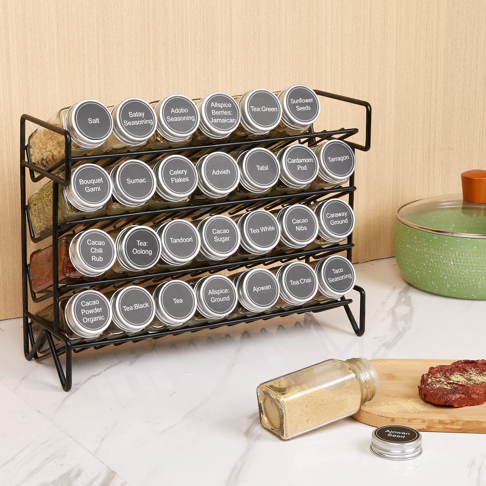 Vtopmart 4-Tier Spice Rack Organizer with 28 Empty Glass Jars and 432 Labels, Rust Resistant Metal, Black, Countertop, Cabinet, Kitchen and Pantry