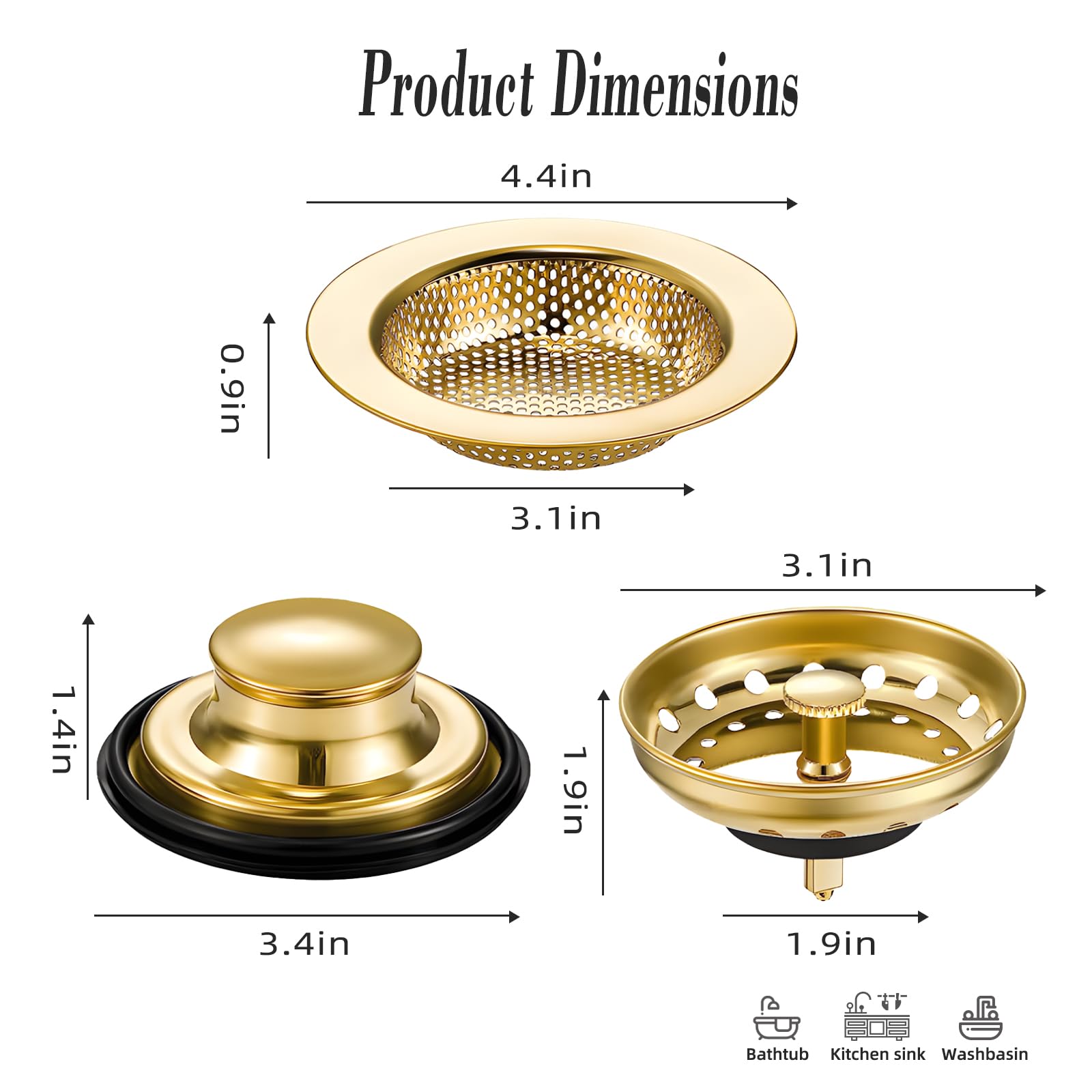 3 Pieces Gold Sink Drain Strainer Stopper, Liubeili Kitchen Stainless Steel Sink Strainer Garbage Disposal Plug, Universal Anti-Clogging Kitchen Sink Filter Sieve Basket Strainer, Wide Rim for Drain