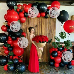 RUBFAC 139pcs Red and Black Balloons Arch Garland Kit, 18/12/10/5 Inch Red Black Balloons and Red Black Confetti Balloons for Birthday Wedding Baby Shower Anniversary Deorations