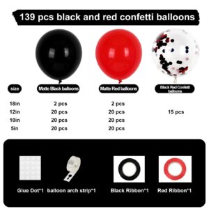 RUBFAC 139pcs Red and Black Balloons Arch Garland Kit, 18/12/10/5 Inch Red Black Balloons and Red Black Confetti Balloons for Birthday Wedding Baby Shower Anniversary Deorations