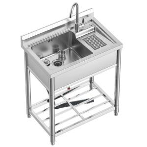 stainless steel utility sink, free standing laundry sink with washboard, laundry tub sink with cold and hot water faucet for laundry room kitchen garage basement shop garden, indoor and outdoor sink