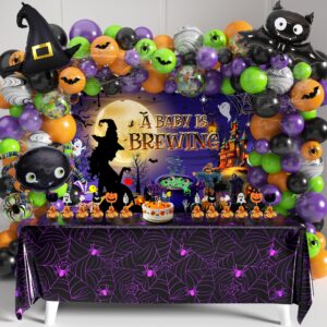 Halloween Gender Reveal Decorations Pack A Baby Is Brewing Party Supplies Include Balloons Tablecloth Backdrop Cake Topper 3D Bat Spider Wall Sticker Baby Shower Decorations Kits (Gender-01)