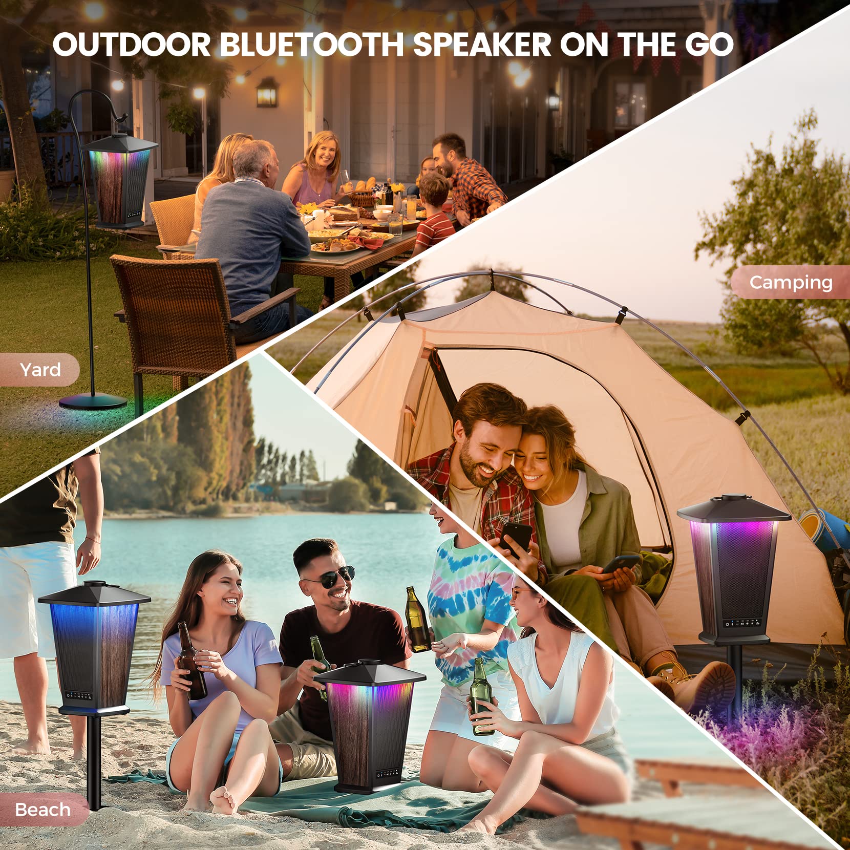 Outdoor Bluetooth Speaker Waterproof, 80W True Wireless Stereo Sound with Punchy Bass, Multi-Connect up to 100 Speakers, 4 Adjustable Modes Beat-Driven Lights, Party/Patio/Pool Side/Porch, 2 Pack