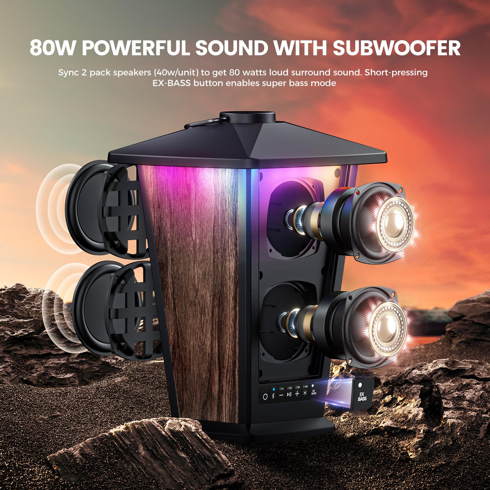 Outdoor Bluetooth Speaker Waterproof, 80W True Wireless Stereo Sound with Punchy Bass, Multi-Connect up to 100 Speakers, 4 Adjustable Modes Beat-Driven Lights, Party/Patio/Pool Side/Porch, 2 Pack