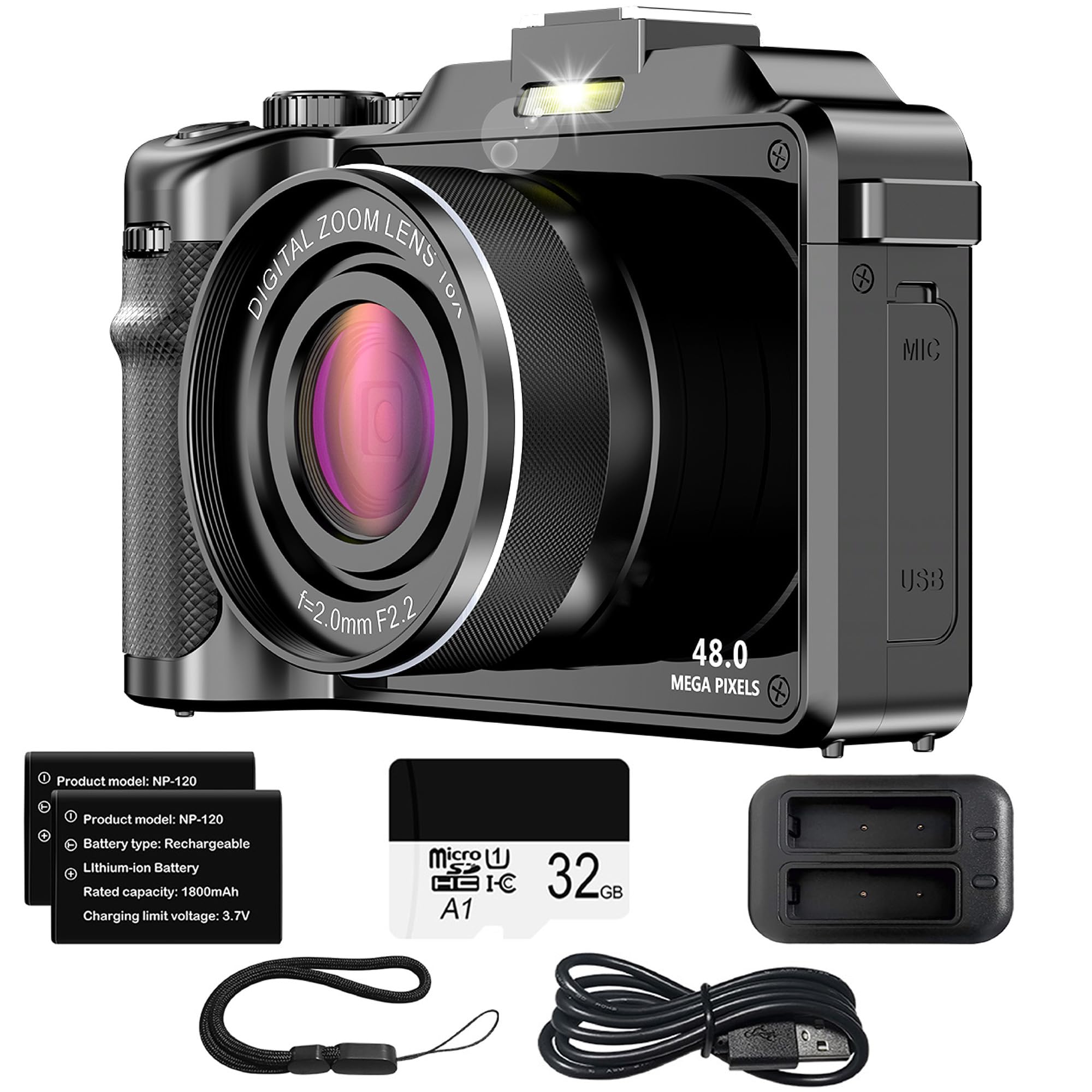 Digital Camera,4K 48MP,Flash Mic Speakers 18X Zoom AF MF Anti-Shake Dual Camera Filters WiFi,Travel Portable Vlog YouTube Cameras for Photography with 2 Batteries 32GB TF Card 2 Charger Lanyard