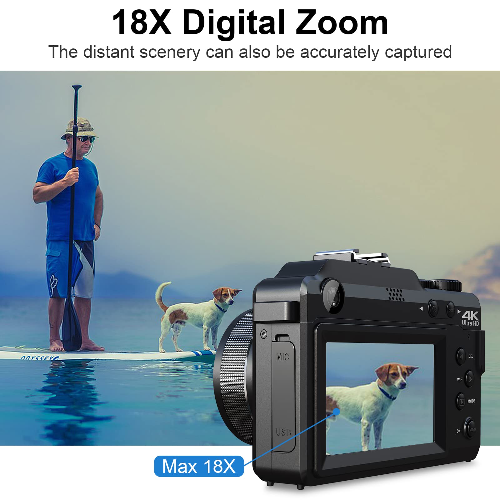 Digital Camera,4K 48MP,Flash Mic Speakers 18X Zoom AF MF Anti-Shake Dual Camera Filters WiFi,Travel Portable Vlog YouTube Cameras for Photography with 2 Batteries 32GB TF Card 2 Charger Lanyard