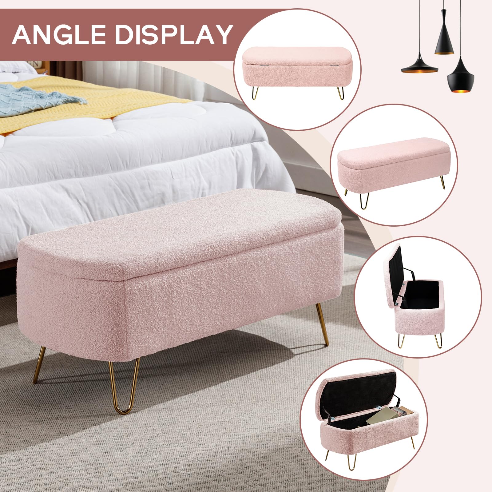 Sudwesto Modern Storage Ottoman Bench, Vintage Faux Fur Entryway Bench, End of Bed Bench with Gold Legs, Upholstered Padded Bench for Living Room, Bedroom, Entryway (Pink)