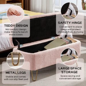 Sudwesto Modern Storage Ottoman Bench, Vintage Faux Fur Entryway Bench, End of Bed Bench with Gold Legs, Upholstered Padded Bench for Living Room, Bedroom, Entryway (Pink)