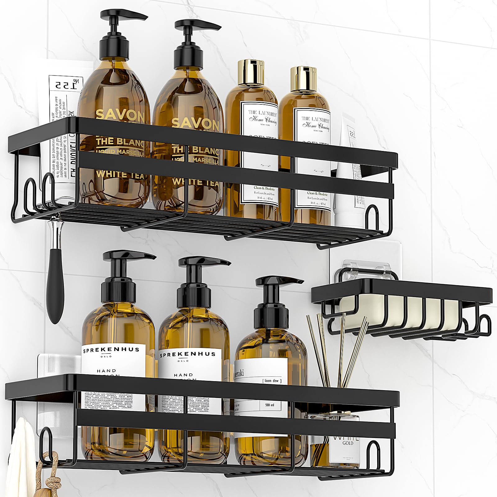 WOWBOX Shower Caddy Shelf Organizer, 3 Pack Adhesive Black Bathroom Accessories, Save Space with Hooks & Soap Box, Toiletries Organization And Storage Stainless No Drilling Shower Shelves