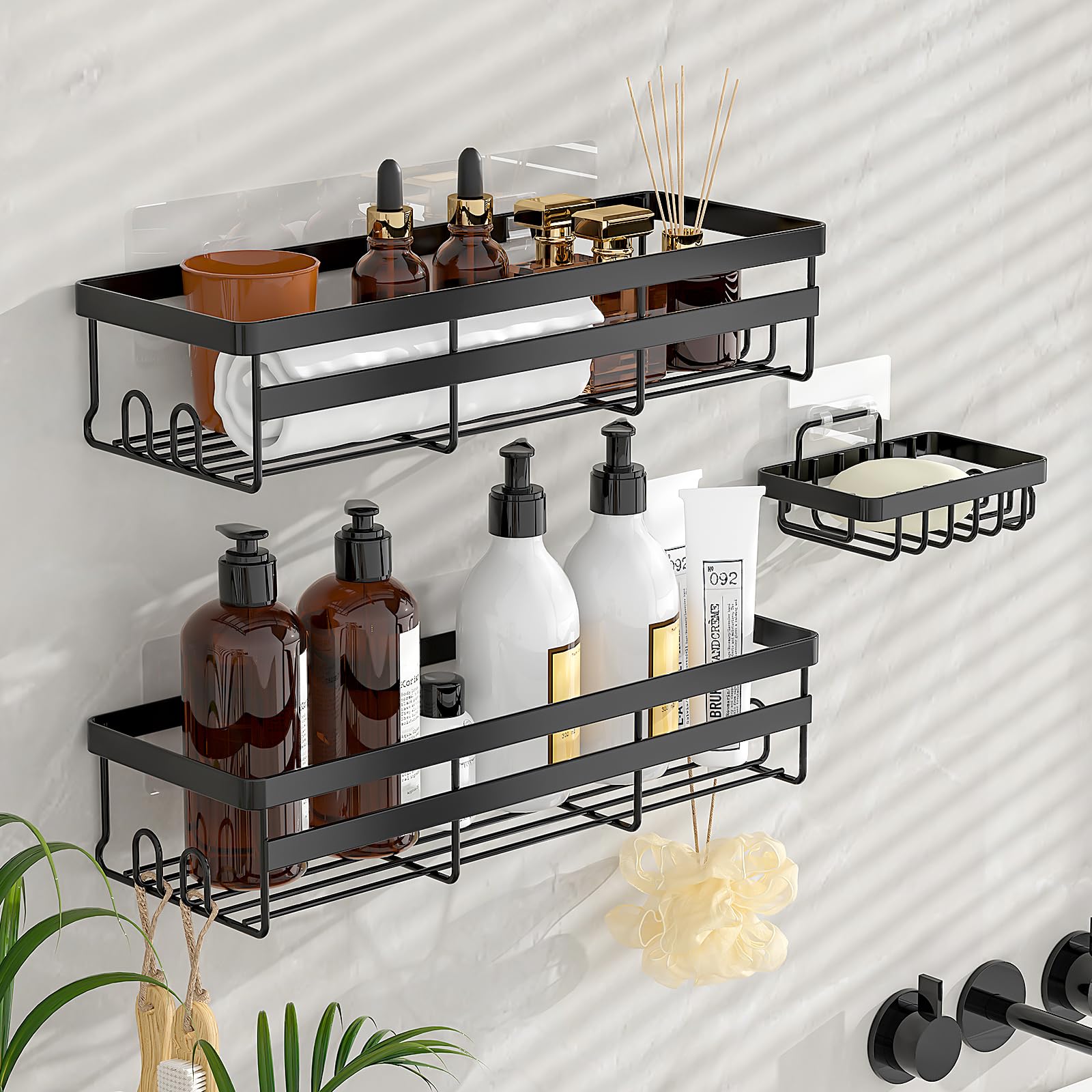 WOWBOX Shower Caddy Shelf Organizer, 3 Pack Adhesive Black Bathroom Accessories, Save Space with Hooks & Soap Box, Toiletries Organization And Storage Stainless No Drilling Shower Shelves