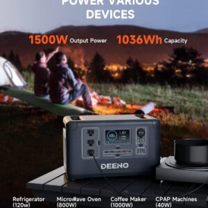 DEENO S1500 Portable Power Station 1500W(Peak 3000W), 1036Wh LiFePO4 Battery Solar Generator, Full Charge in 2 Hr, UPS Battery Backup for Home Backup Emergency Outdoor Camping(Solar Panel Optional)