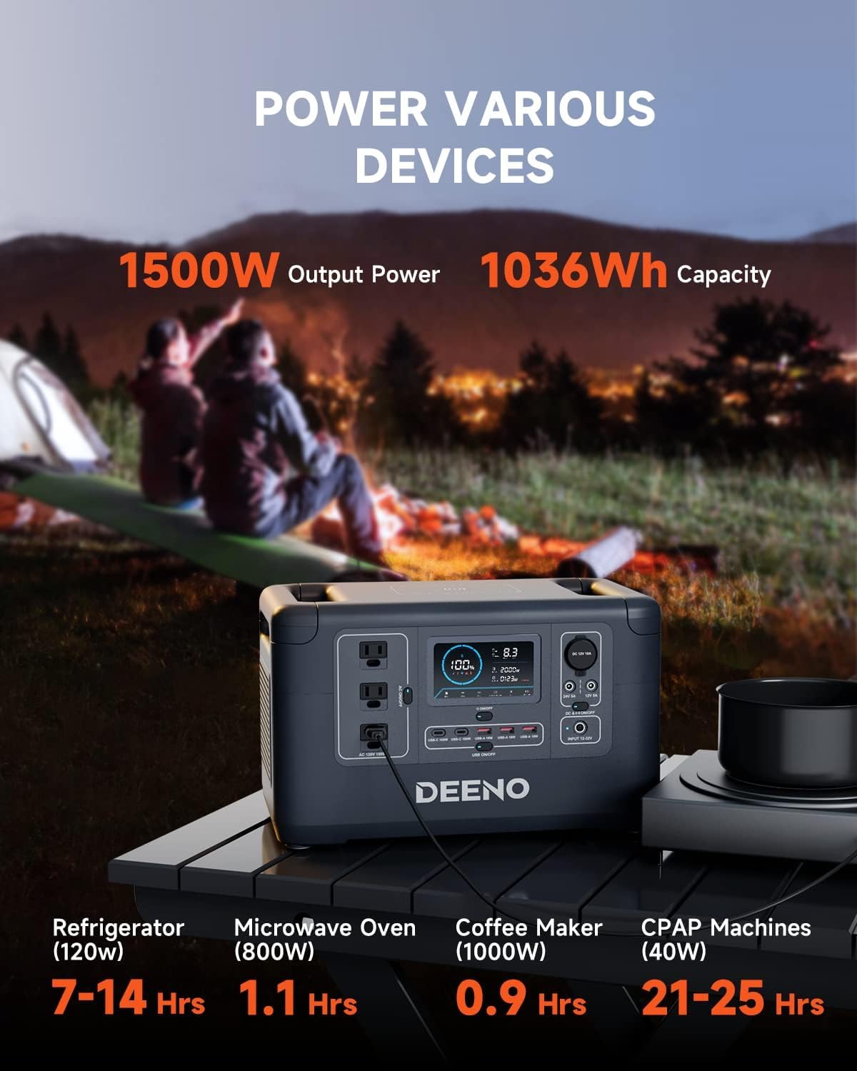 DEENO S1500 Portable Power Station 1500W(Peak 3000W), 1036Wh LiFePO4 Battery Solar Generator, Full Charge in 2 Hr, UPS Battery Backup for Home Backup Emergency Outdoor Camping(Solar Panel Optional)