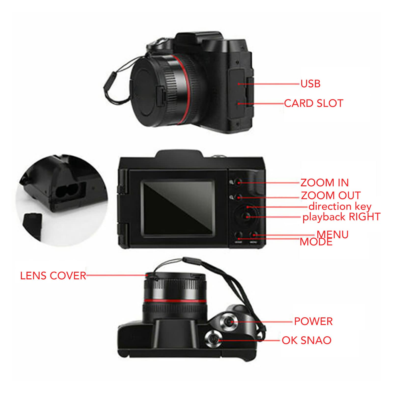 Vlogging Camera, 16X Zoom 180 Degree Flip Screen 16MP 2.4in TFT LCD 1/4in Screw Mount Digital Camera for Shooting