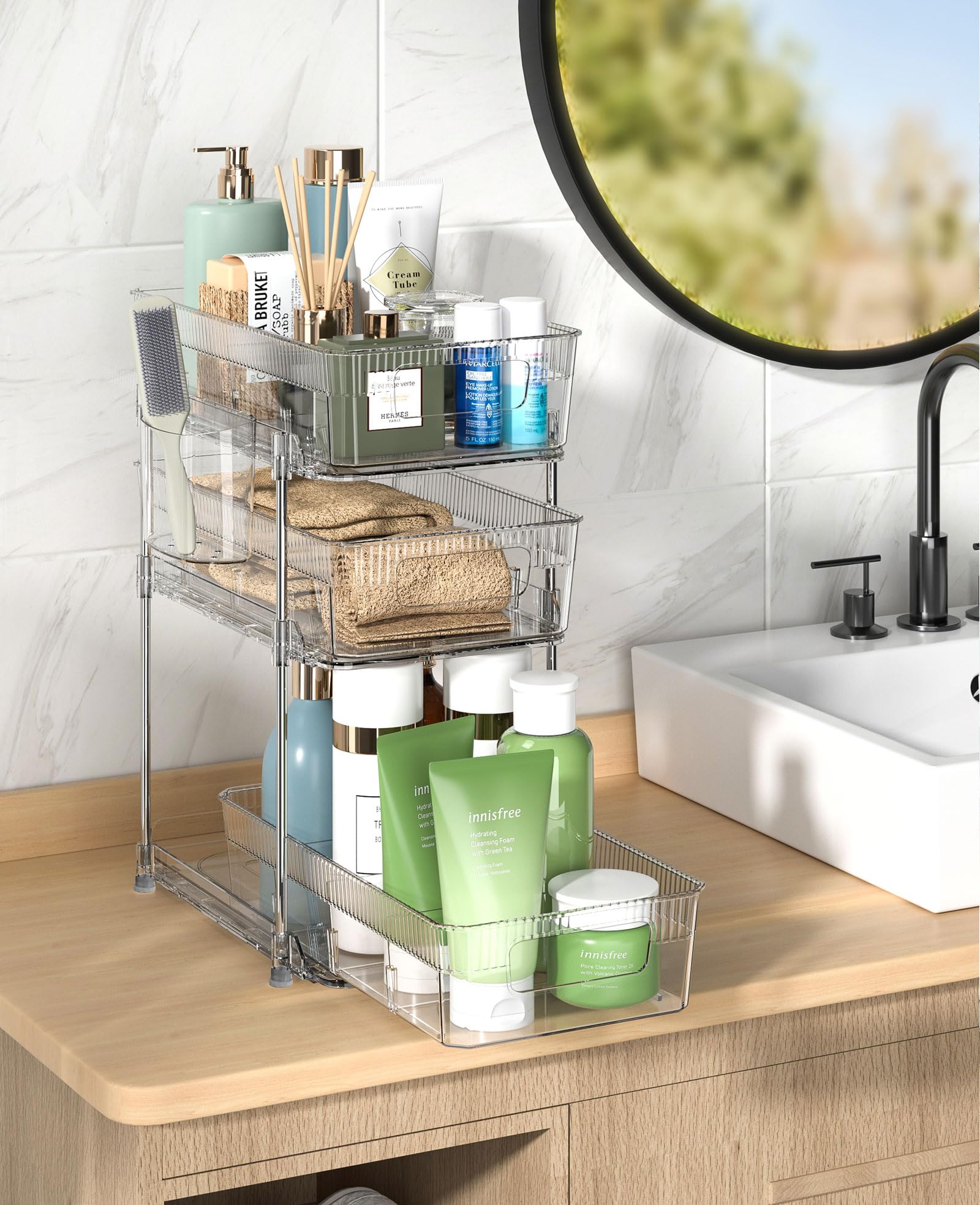 2 Pcs 3 Tier Clear Bathroom Organizer with Dividers, Multi-Purpose Pull-Out Pantry Organization and Storage, Under Sink Closet Organizers and Storage