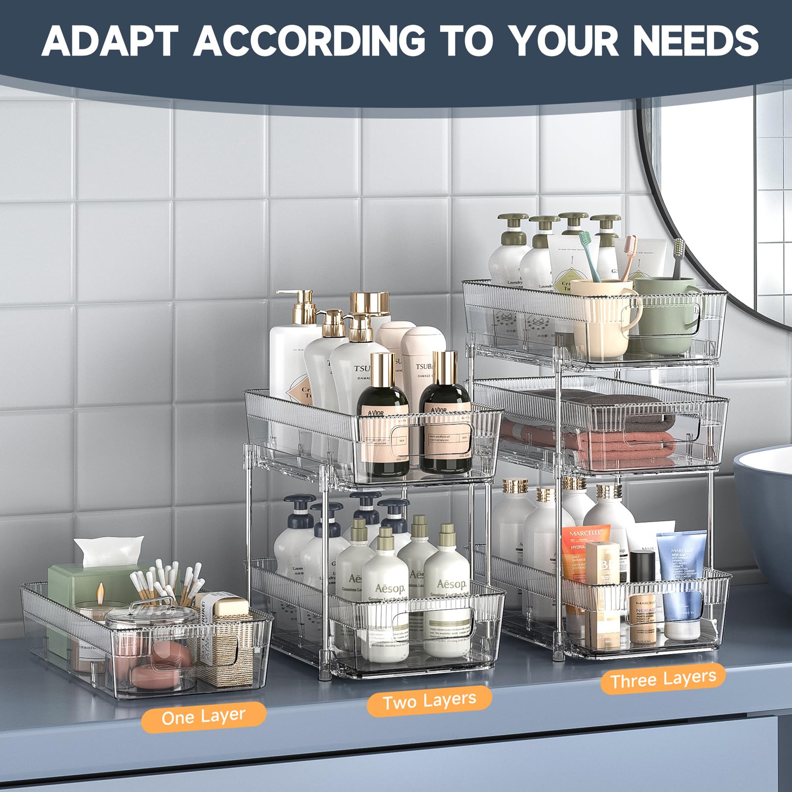 2 Pcs 3 Tier Clear Bathroom Organizer with Dividers, Multi-Purpose Pull-Out Pantry Organization and Storage, Under Sink Closet Organizers and Storage