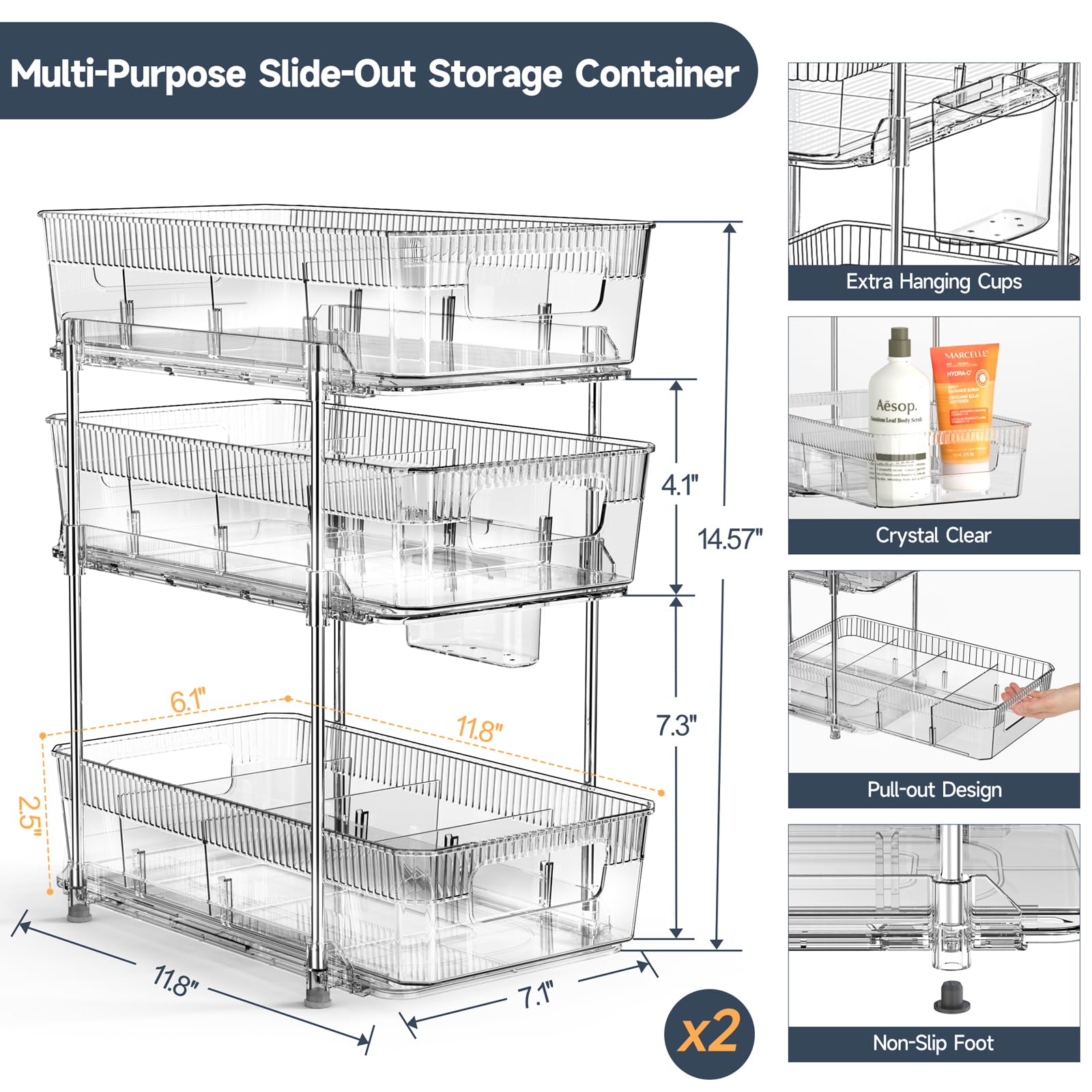 2 Pcs 3 Tier Clear Bathroom Organizer with Dividers, Multi-Purpose Pull-Out Pantry Organization and Storage, Under Sink Closet Organizers and Storage