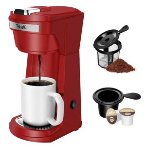 Single Serve Coffee Maker for K Cup & Ground Coffee, One Cup Coffee Machine 14 oz Fast Brewing, Fits Travel Mug 6.7", CM-208, Red