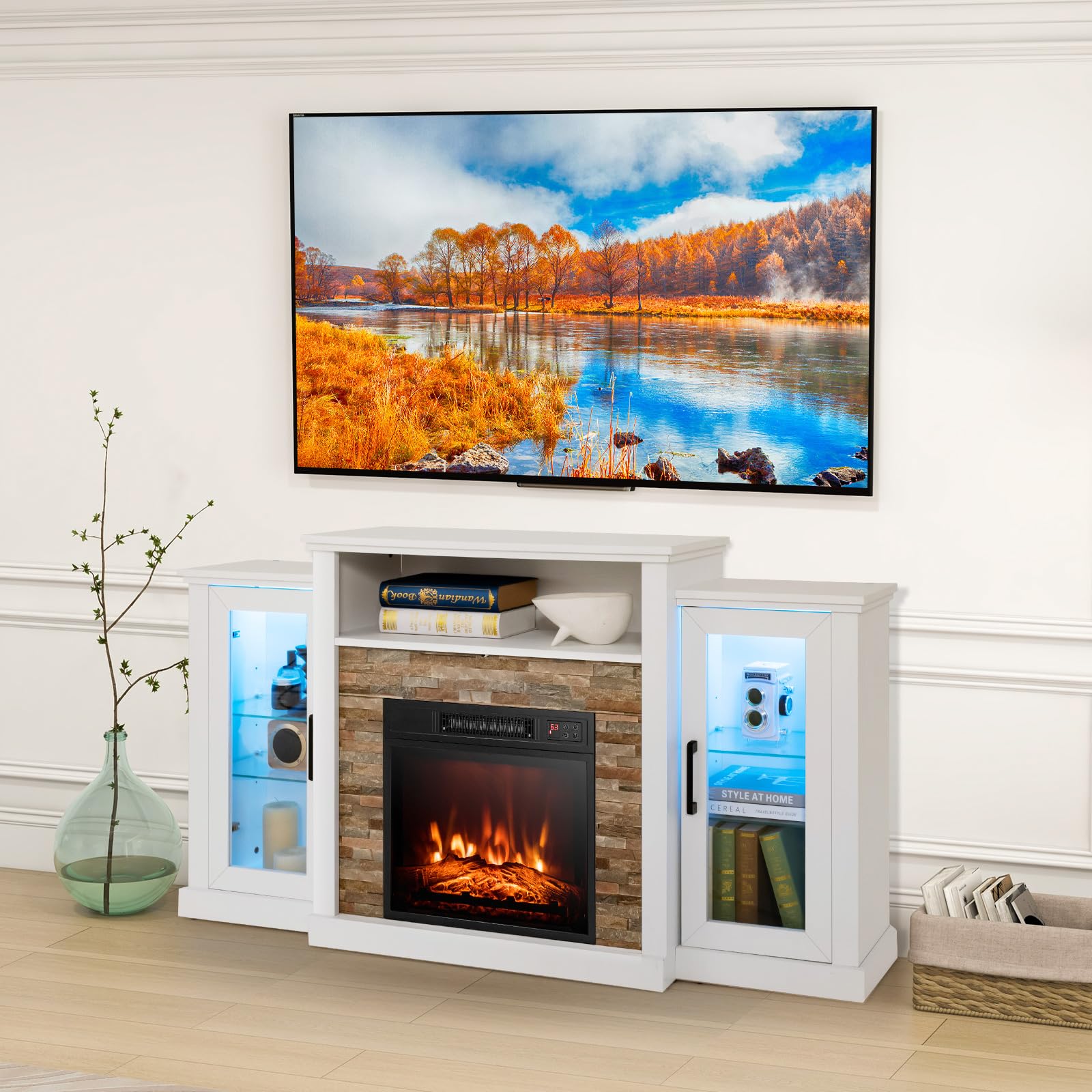 Tangkula Electric Fireplace TV Stand, Electric Fireplace Mantel with 16-Color Led Lights, Adjustable Glass Shelves, Remote & Smart APP Control, TV Console for Living Room (White)