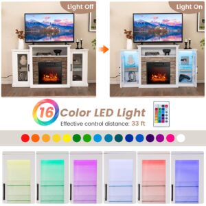 Tangkula Electric Fireplace TV Stand, Electric Fireplace Mantel with 16-Color Led Lights, Adjustable Glass Shelves, Remote & Smart APP Control, TV Console for Living Room (White)