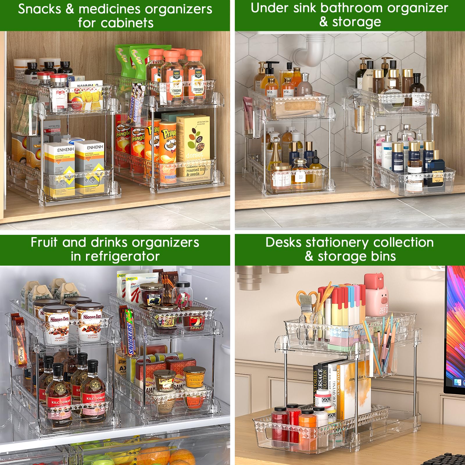 RIKOJUXI 3 Packs 2 Tier Under Sink Organizer with Removable Dividers and Stackable Design, Multi-use Pantry Organizers and Storage, Pull Out Cabinet Organizer Bathroom Counter Organizer