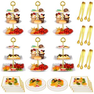 mifoci 24 pcs cake stand white plastic dessert table stand set 6 pcs 3 tire cupcake display stands cookie tray rack serving tray cupcake display tower 12 pcs dessert trays 6 tong for wedding tea party