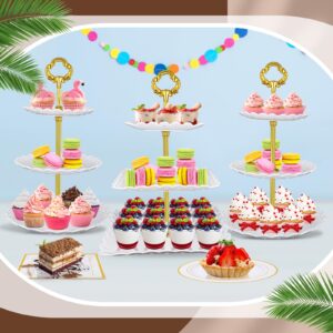 Mifoci 24 Pcs Cake Stand White Plastic Dessert Table Stand Set 6 Pcs 3 Tire Cupcake Display Stands Cookie Tray Rack Serving Tray Cupcake Display Tower 12 Pcs Dessert Trays 6 Tong for Wedding Tea Party