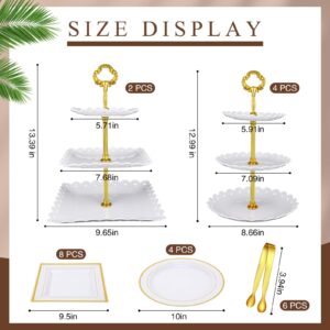 Mifoci 24 Pcs Cake Stand White Plastic Dessert Table Stand Set 6 Pcs 3 Tire Cupcake Display Stands Cookie Tray Rack Serving Tray Cupcake Display Tower 12 Pcs Dessert Trays 6 Tong for Wedding Tea Party