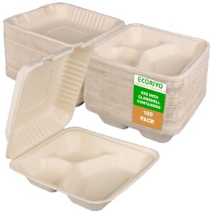 ecoriyo 3 compartment to go containers with lids – 100-pack of take out boxes, disposable food containers, sugarcanes biodegradable togo plates - paper clamshell box for lunch, cake, dessert