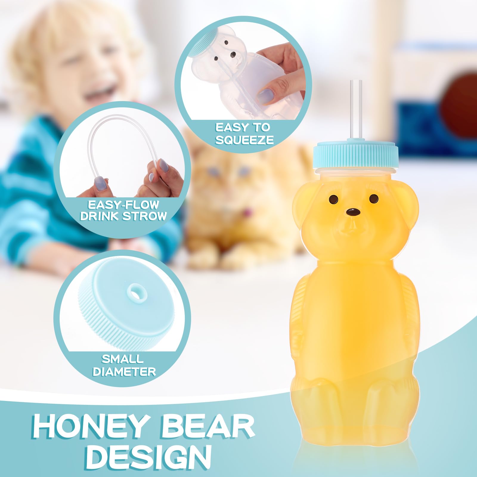 Uiifan 32 Pcs Honey Bear Straw Cup 8 oz Straw Cups Bottles Juice Bear Cup Bear Bottle Bear Sippy Cup with Straw Flexible Toddler Cups for Infant Feeding and Drinking Training (Blue)