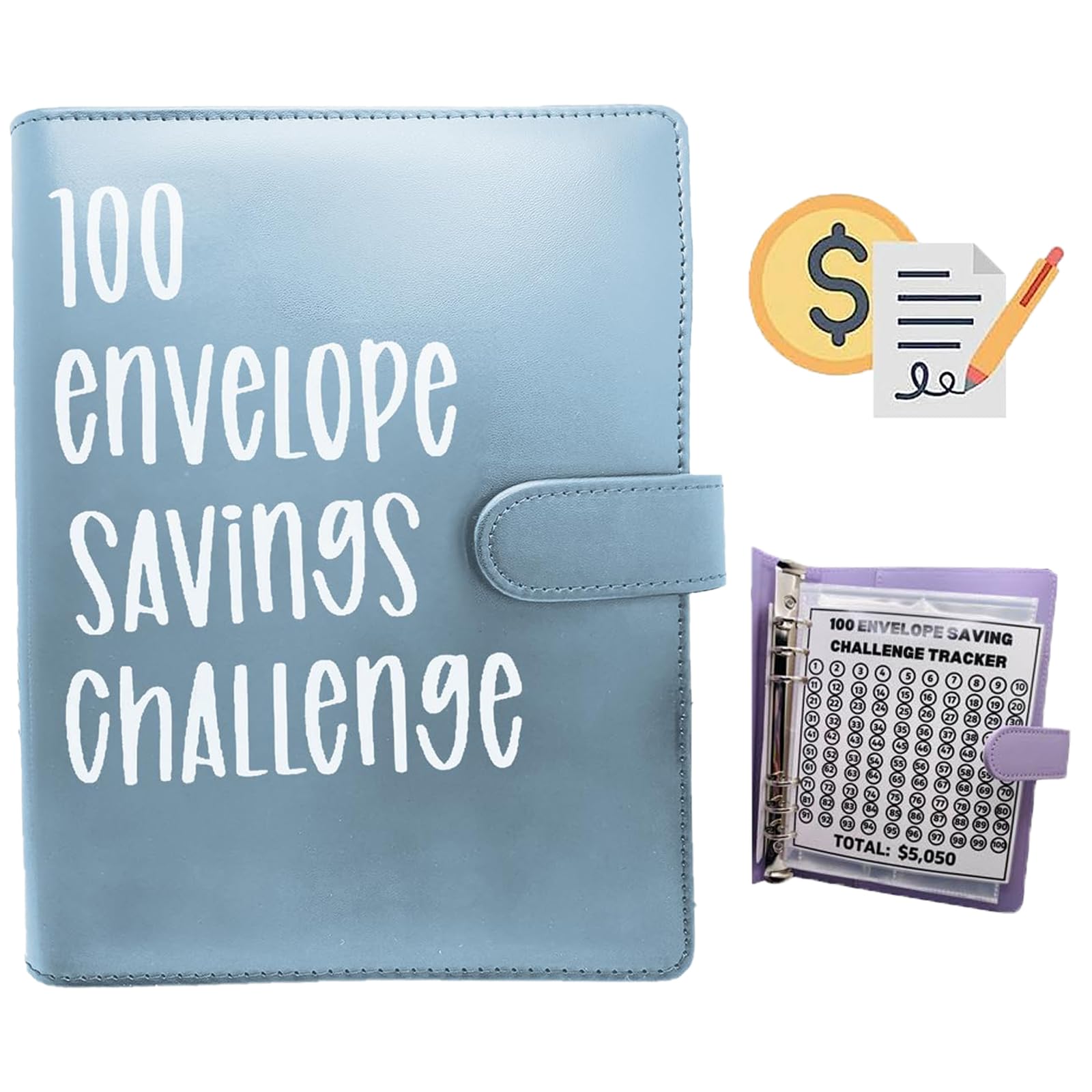 100 Envelope Challenge Binder, Savings Challenges Sheets，Easy and Fun Way to Save $5,050, Budget Binder with Cash Envelopes, Savings Challenges Binder, Budget Planner Book for Budgeting (Mint Blue)