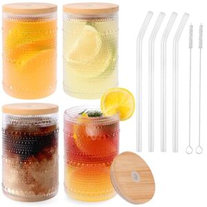 Vintage Drinking Glasses Set of 4 with Bamboo Lids and Straws, 16 oz Textured Clear Striped Ribbed Glassware Set Old Fashion Beaded Glass Cups Embossed Iced Coffee Cup for Beer, Cocktail, Beverage