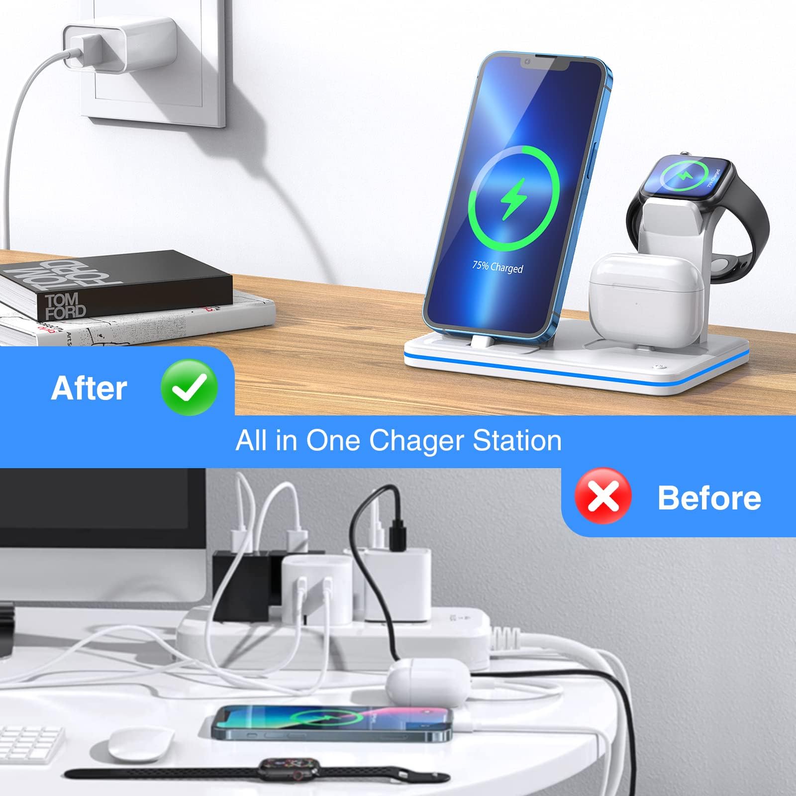 Charging Station for Apple Products, QI Fast 3 in 1 Charging Stand,Travel Charging Dock for iPhone Series,AirPods 1/2/3/Pro,Wireless Charger for iWatch Series