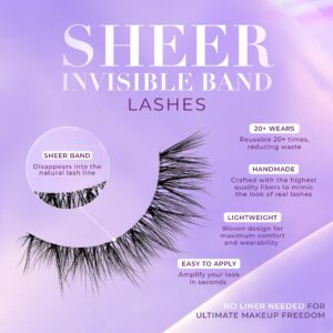 Lilly Lashes Sheer Band, False Eyelashes w/Invisible Band Lashes, False Lashes Natural Look, Wispy Lashes Style, Clear Band Lashes, Reusable Eyelashes 20x, Lash Glue not Included, 14mm (Desirable)