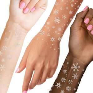 flash tattoos winter frost metallic temporary tattoos-2 sheet mini pack | includes over 36 premium silver foil snowflake tattoos | snowflake glitter, snowflake sticker, frozen party favor, winter wonderland party supplies