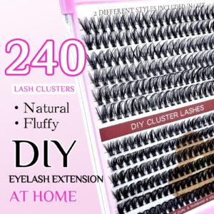 SLSXNL Fluffy Lash Clusters D Curl Individual Lashes 10-16MM 30D 40D Eyelash Clusters 240pcs Cluster Eyelash Extensions 10mm+12mm+14mm+16mm Mix 0.07mm Natural Wispy False Eyelashes