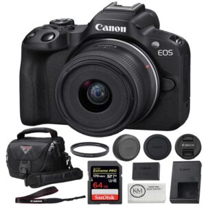canon eos r50 mirrorless camera with 18-45mm lens | black bundled with 64gb memory card + 49mm uv filter + camera case with rain cover + microfiber cleaning cloth (5 items)