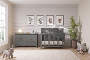 child craft denman crib and dresser nursery set, 2-piece, includes 4-in-1 convertible crib and 3-drawer dresser, grows with your baby (crescent gray)