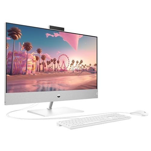 HP Pavilion All-in-One Desktop, 27” FHD Display, AMD Ryzen 5 5500U Processor, 16GB RAM, 1TB SSD, Wi-Fi 6, Webcam, HDMI, RJ-45, Wired KB & Mouse, Windows 11 Home, White