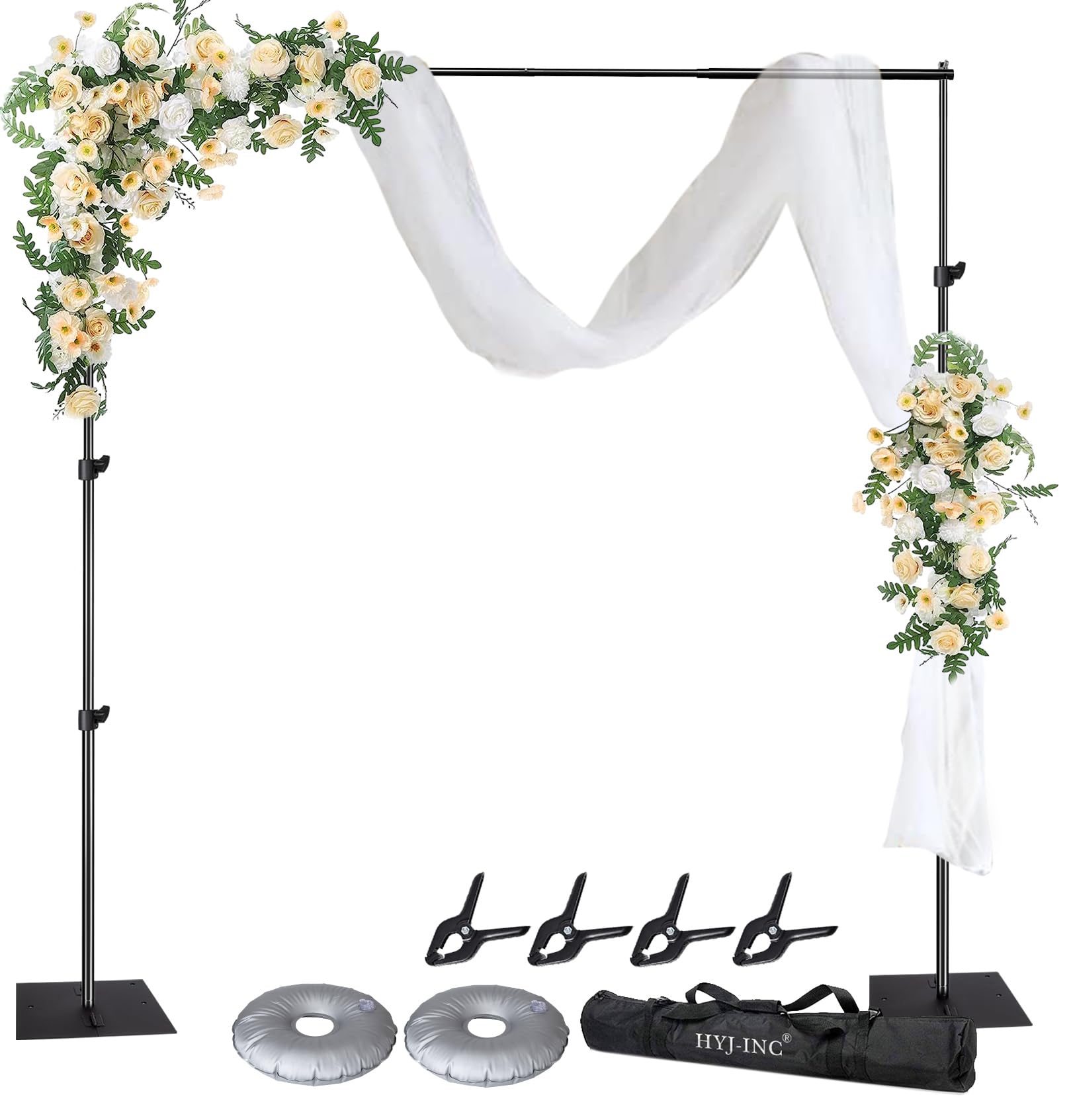 HYJ-INC Pipe and Drape Photography Backdrop Stand Kit Adjustable Photo Background Stand 10ft x 8.5ft with Metal Base for Parties Weddings Birthday Party Events Photo Booth with 4 Clamps,Carrying Bag.