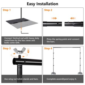 HYJ-INC Pipe and Drape Photography Backdrop Stand Kit Adjustable Photo Background Stand 10ft x 8.5ft with Metal Base for Parties Weddings Birthday Party Events Photo Booth with 4 Clamps,Carrying Bag.