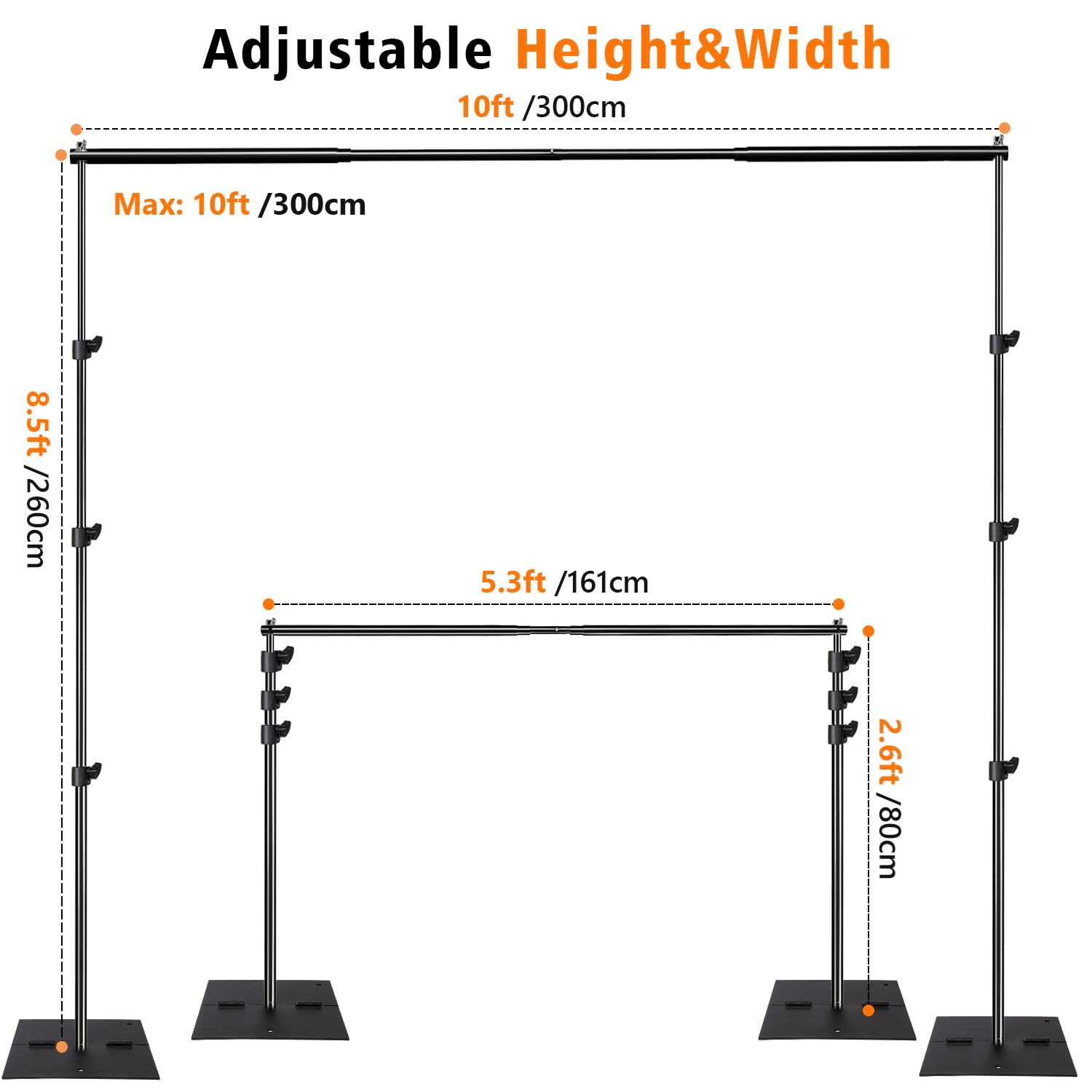 HYJ-INC Pipe and Drape Photography Backdrop Stand Kit Adjustable Photo Background Stand 10ft x 8.5ft with Metal Base for Parties Weddings Birthday Party Events Photo Booth with 4 Clamps,Carrying Bag.