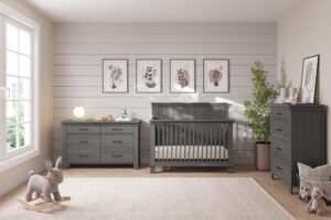 child craft denman crib, dresser and chest nursery set, 3-piece, includes 4-in-1 convertible crib, dresser and chest, grows with your baby (crescent gray)