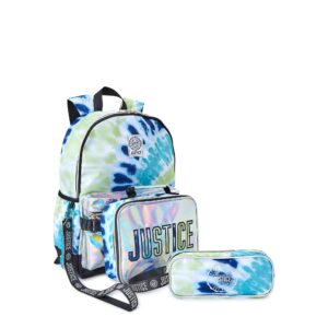 17" laptop backpack, lunch tote and pencil case, 3-piece set metallic print blue tie dye 0595