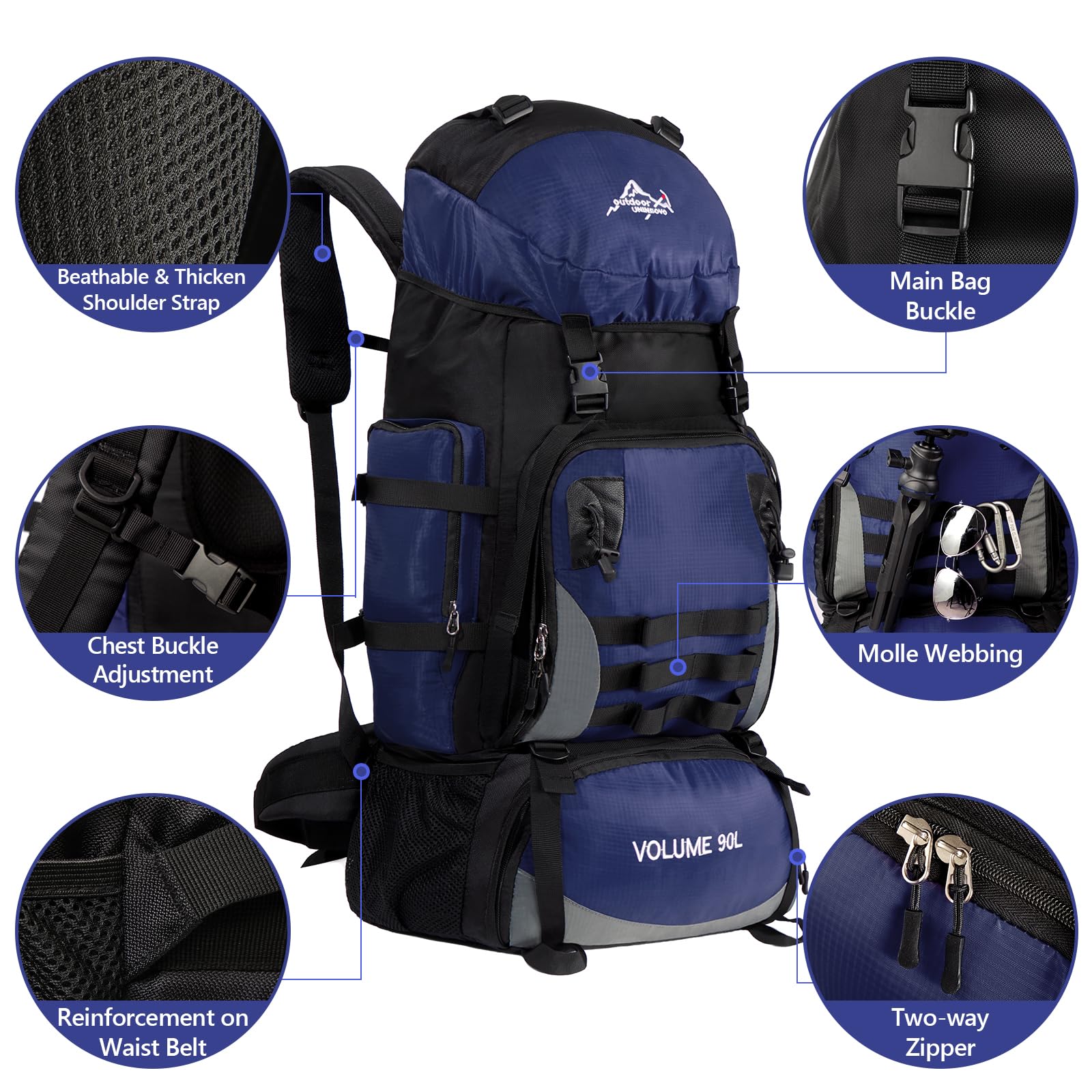 90L Large Camping Hiking Backpack with Rain Cover, Waterproof Molle Rucksack Military Backpack (Dark Blue)