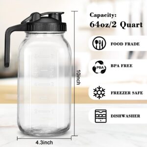 Mason Jar Pitcher with Pour Spout Handle Lid, 64OZ/2 Quart Wide Mouth Glass Pitcher with Airtight Seal Lid, Heavy Duty Pitcher with lid Nice for Breastmilk, Cold Brew Coffee, Iced Tea, Fruit Tea