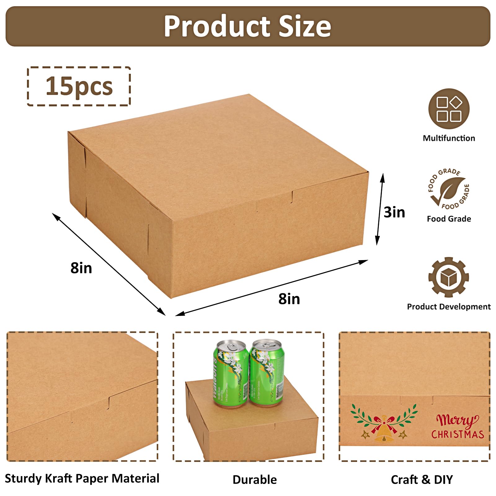 Moretoes Bakery Boxes, 8x8x3 Inch Bakery Containers Brown Kraft Paper for Cupcake, Cookies and Baked Goods Set of 15